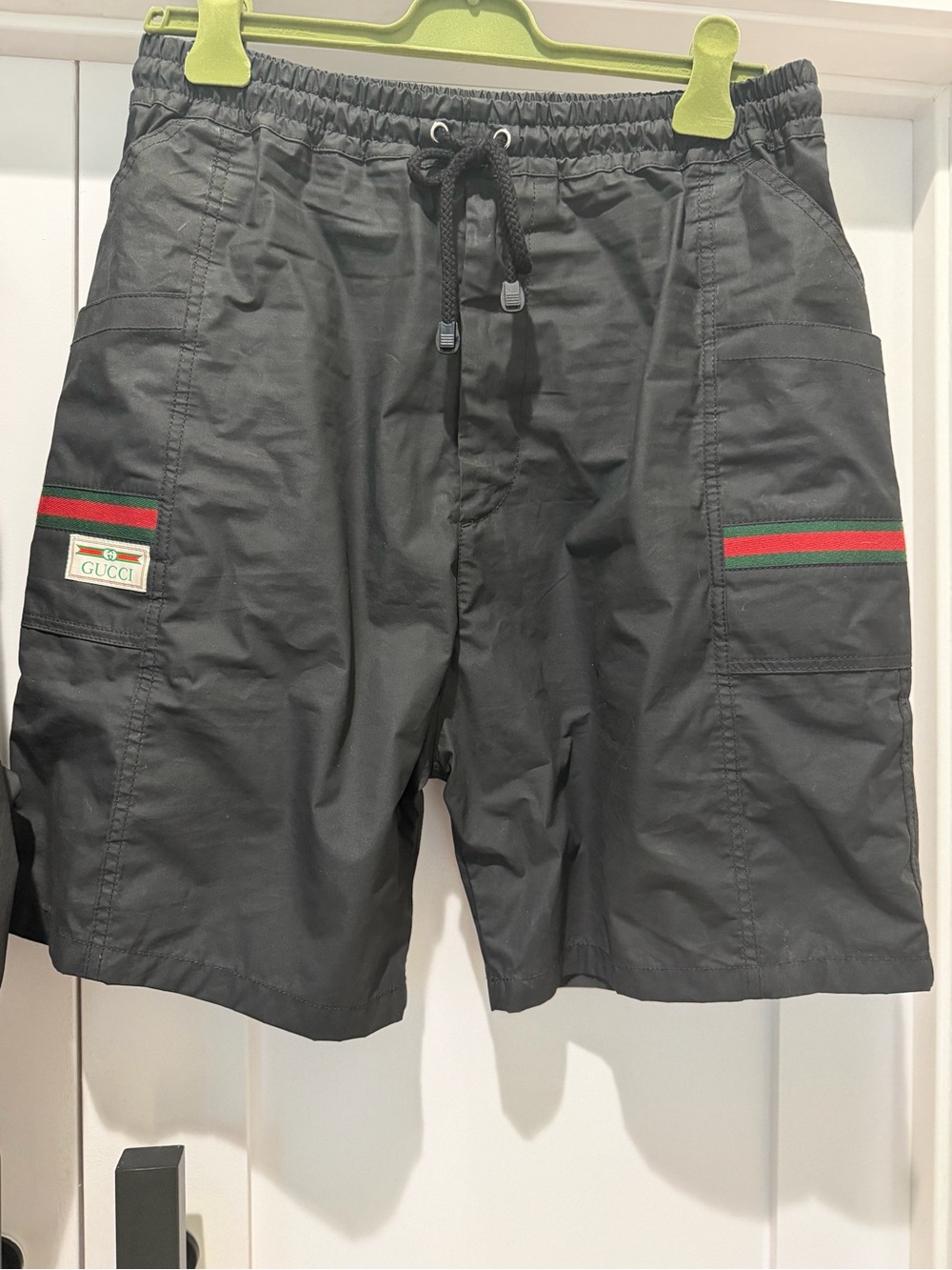 Gucci Black Cargo Shorts with Red-Green Stripe